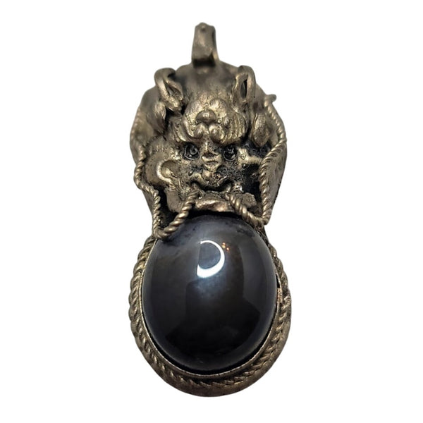 Silver and Onyx Dragon head Amulet Pendant Costume Jewely 2"
