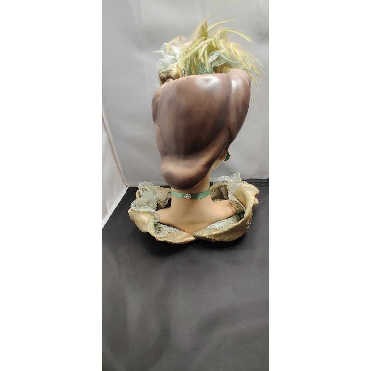 Vintage 10" Glamour Lady HeadVase Planter Fancy Hat Kitsch Ostrich FeathersRARE