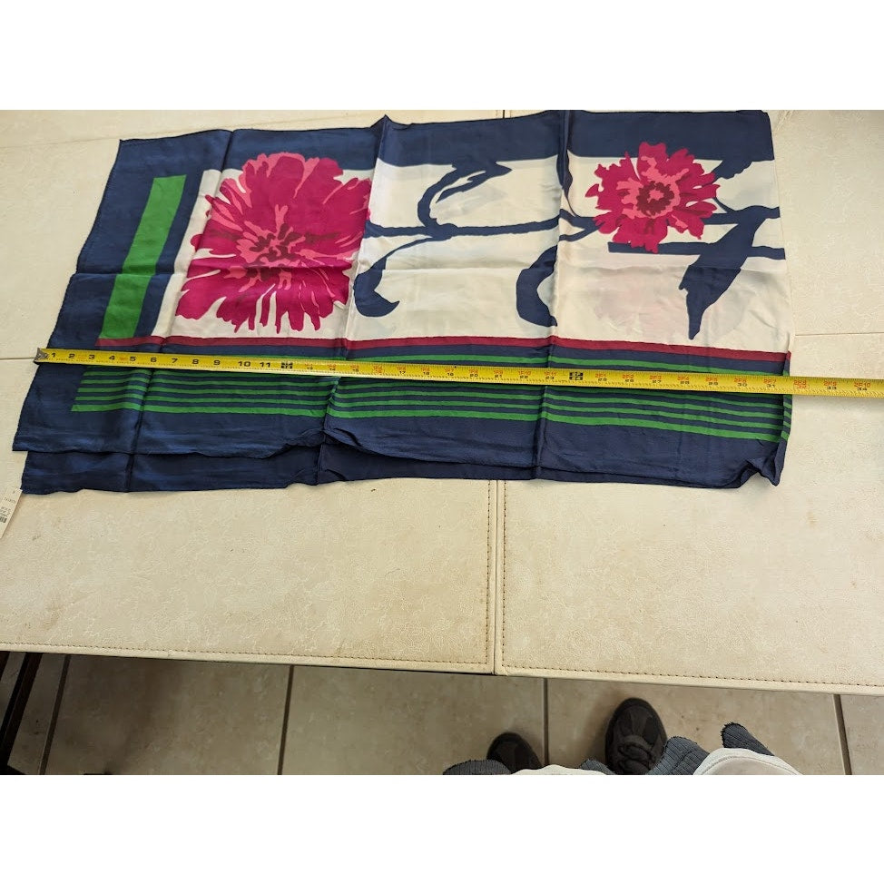 Vintage NEW Talbots Long Rectangular Blue Fuschia Floral Silk Scarf 63" x 17"