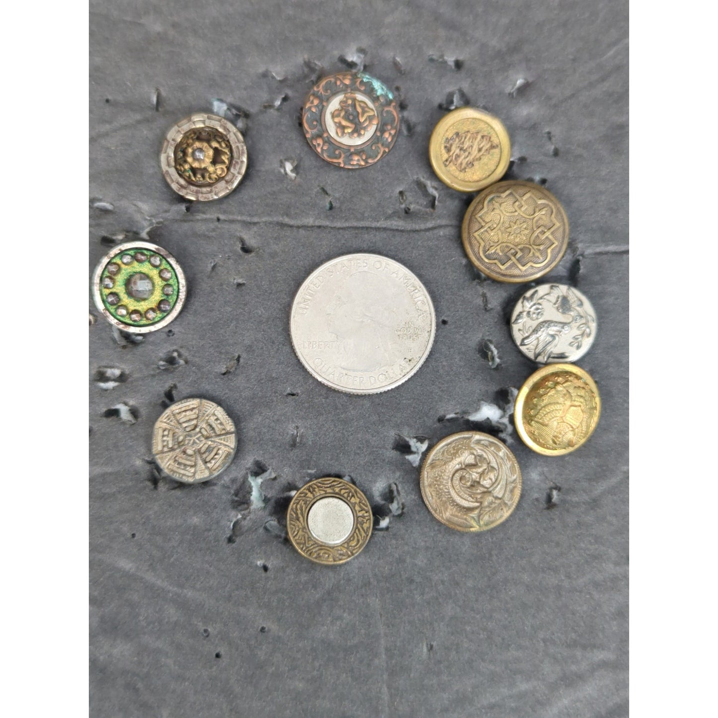 LOT UU of 10 Antique Vintage Victorian Brass Mixed Materials Buttons ESTATE FIND