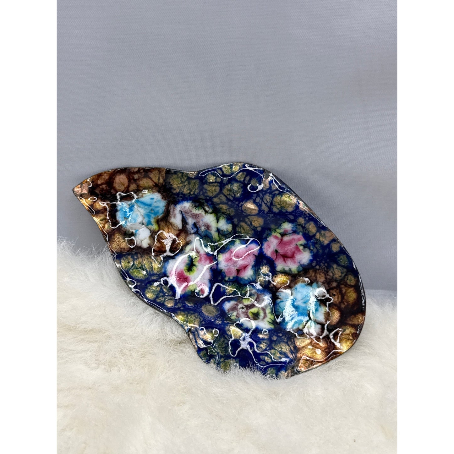 Vintage French Cobalt Blue Enamel Floral Trinket Dish Gold Leaf Accents
