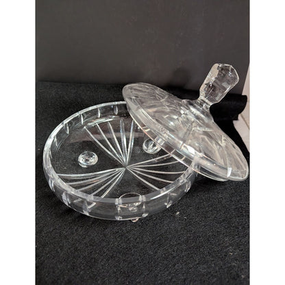 Vintage clear crystal lidded footed vanity powder bon bon candy dish cut pattern