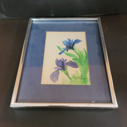 Handpainted Watercolor Blue Iris Matted Framed Under Glass Signed Evans 10 x 8