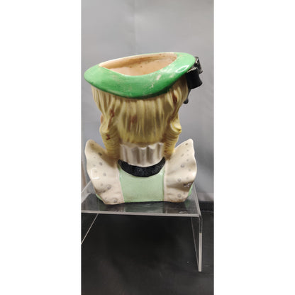 Vintage 1950s Blonde Lady Head Vase Planter Green Hat Polka Dot Bow Kitsch MCM