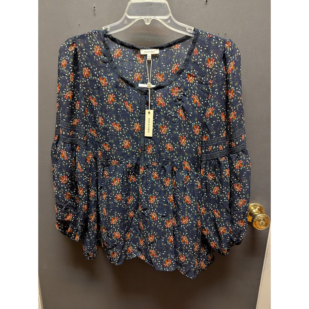 Max Studio Floral Long Sleeve Babydoll Blouse Size Large NEW
