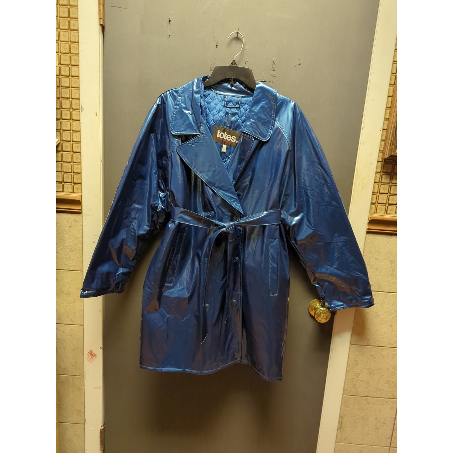 Totes Blue Jacket Coat belt LARGE Raincoat quilted lining Mid Length VINTAGE
