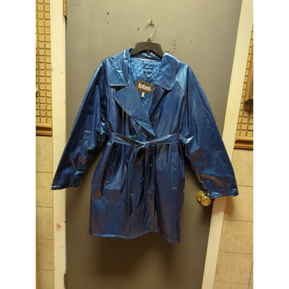 Totes Blue Jacket Coat belt LARGE Raincoat quilted lining Mid Length VINTAGE