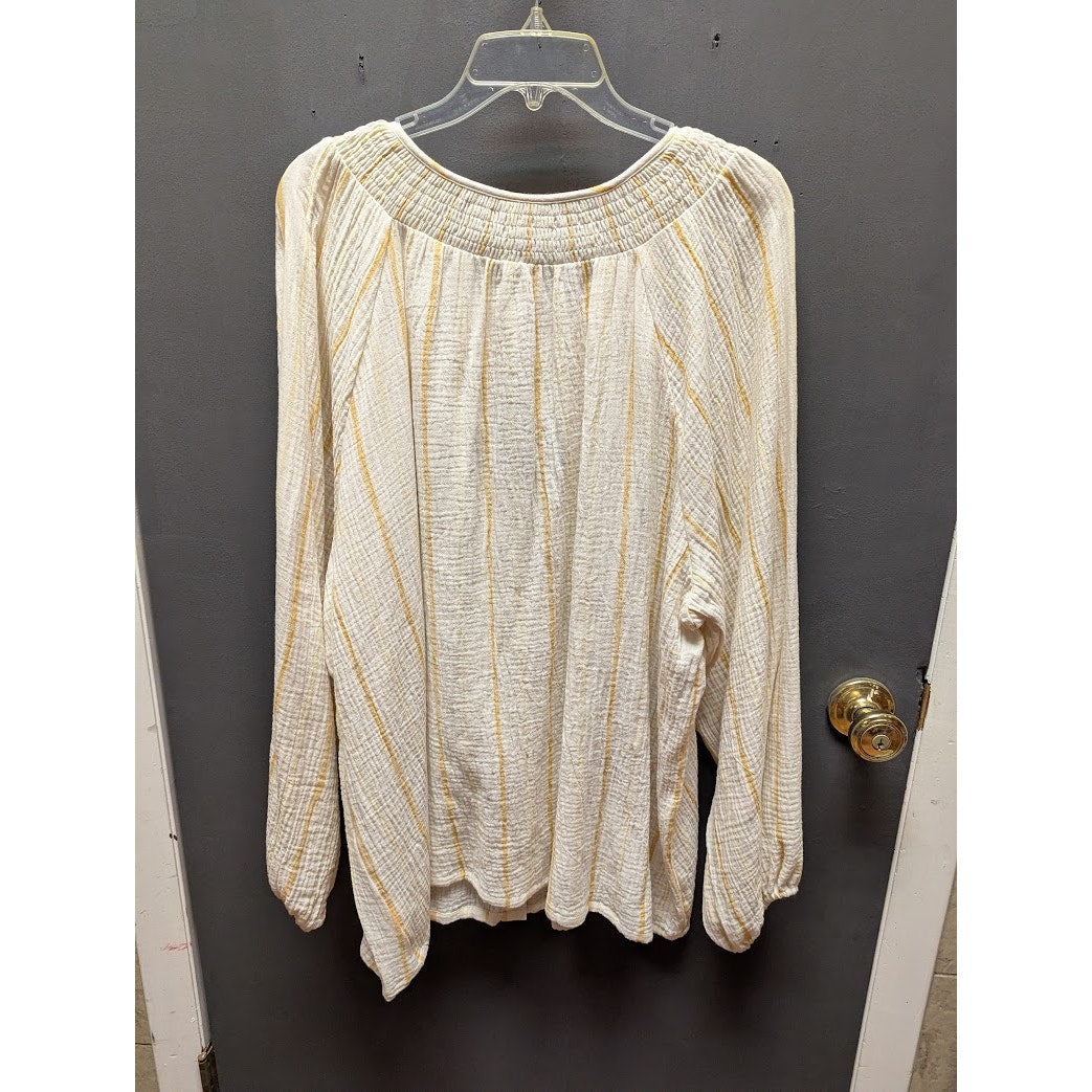 Ava & Viv Size 2X Plus Blouse Top Yellow Cream Stripe Cotton blouson long sleeve