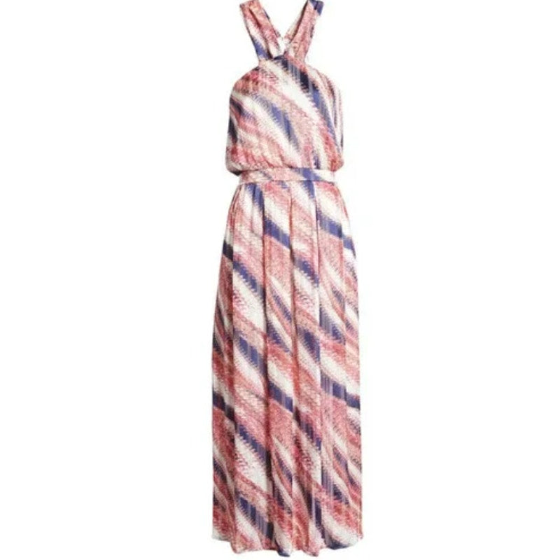 NWT Chelsea28 Halter Chiffon Maxi Dress in Pink-Purple Abstract Stripe Sz XS