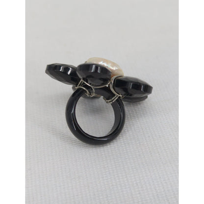 Vintage Black Faceted Acrylic Flower Statement Ring Faux Pearl Y2K Size 9