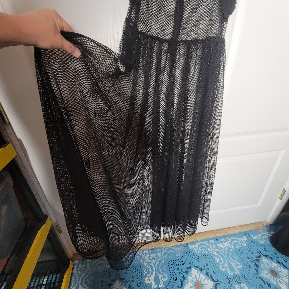 Good Time USA Black See-Thru Mesh Tiered Maxi Dress Womens Large Ruffle Sleeve