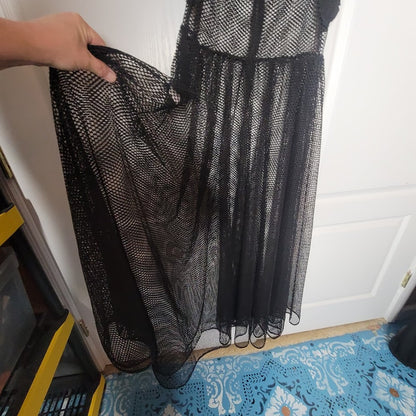 Good Time USA Black See-Thru Mesh Tiered Maxi Dress Womens Large Ruffle Sleeve