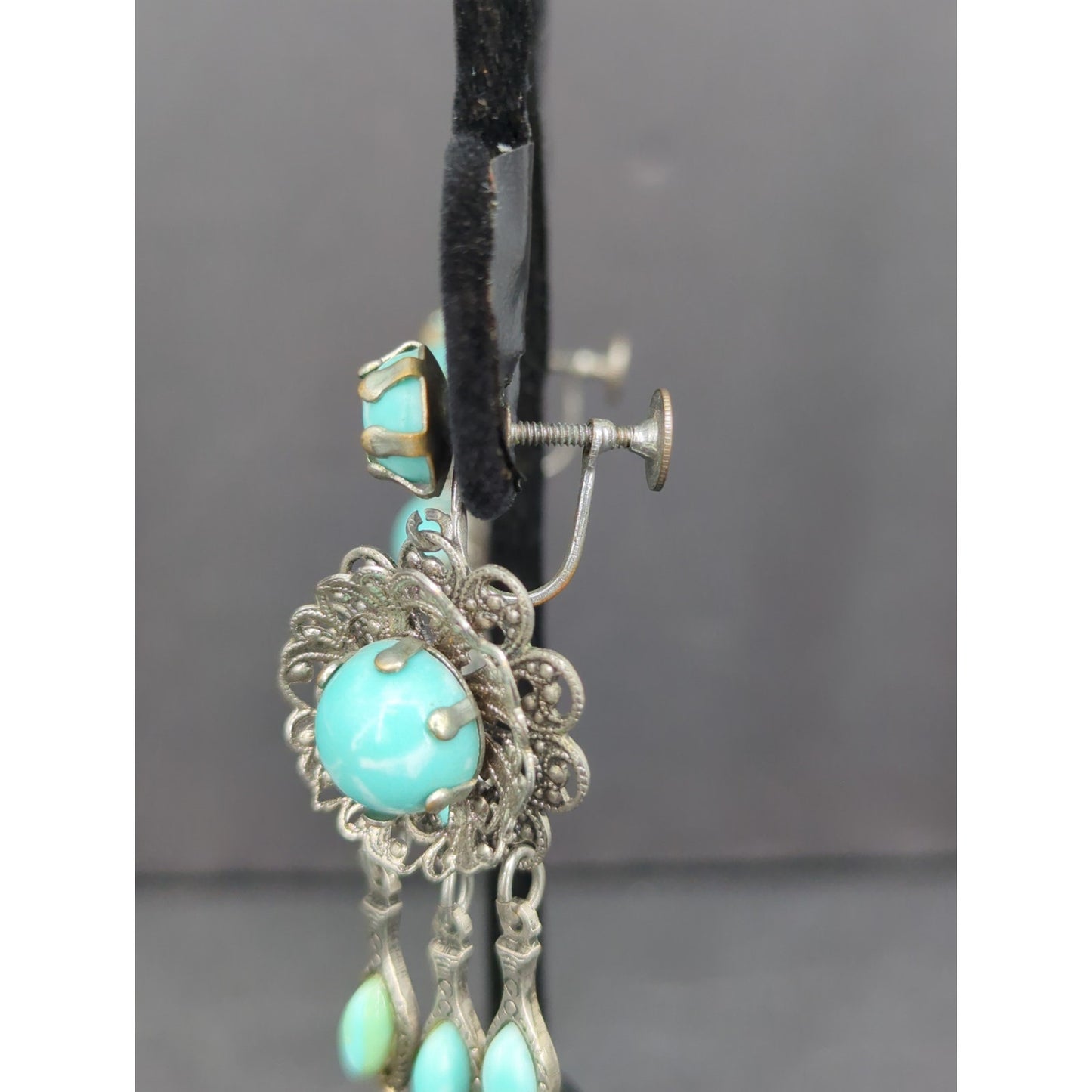 Vintage Y2K Turquoise Silver Tone Filigree Chandelier Screw Back ClipOn Earrings