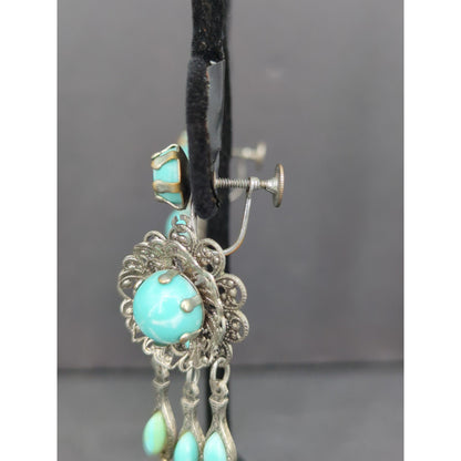 Vintage Y2K Turquoise Silver Tone Filigree Chandelier Screw Back ClipOn Earrings