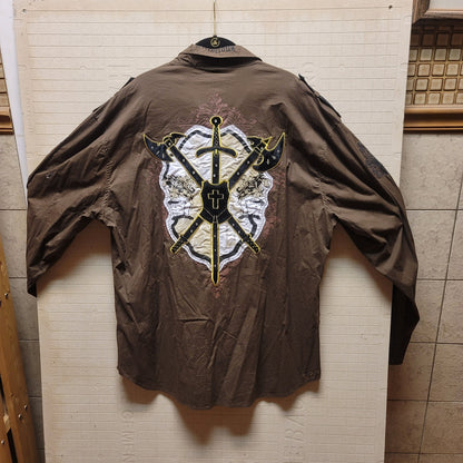 Victorious Brown shirt mens long sleeve Size 3X Button Down Collar Patches