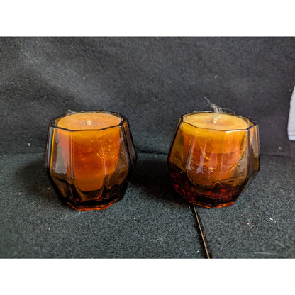 Vintage Amber Glass Votive Candle Holders with Orange Candles - Pair