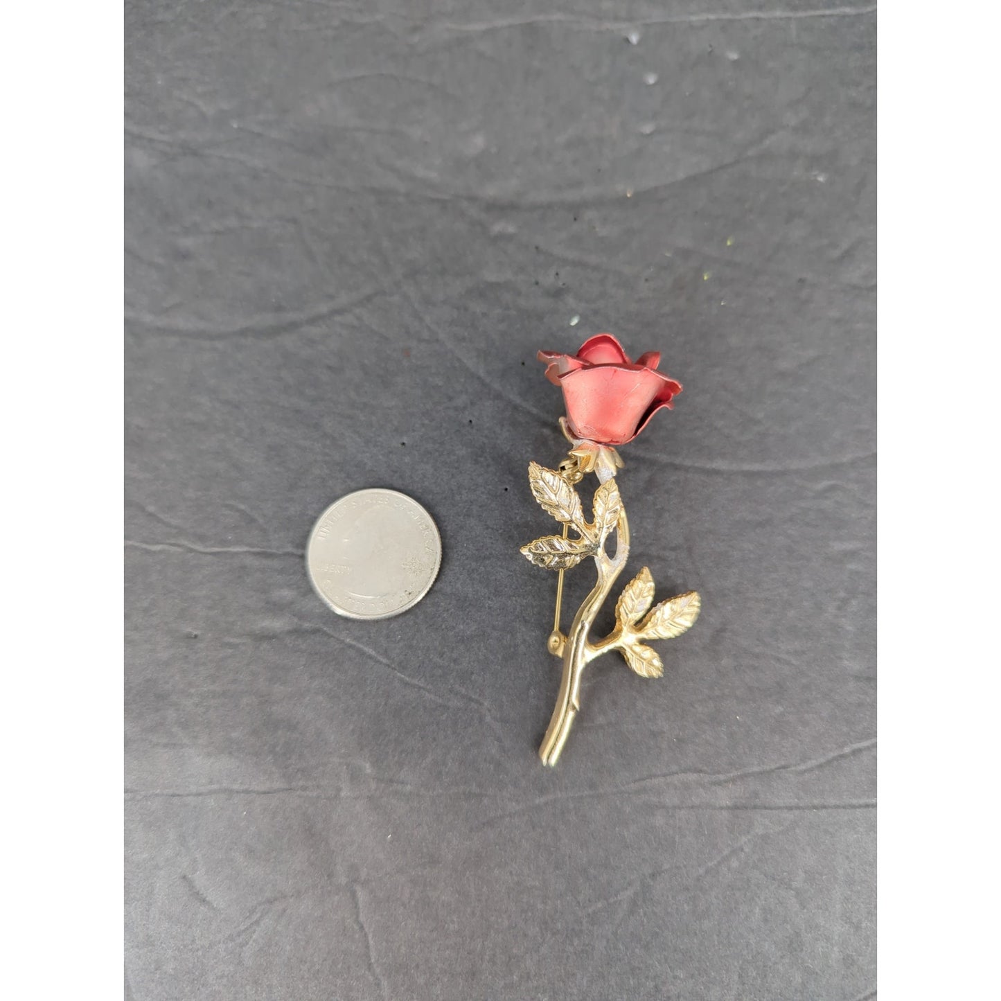 Vintage Metal Rose Flower Stem Brooch Pin Gold Tone Carved Style Petals