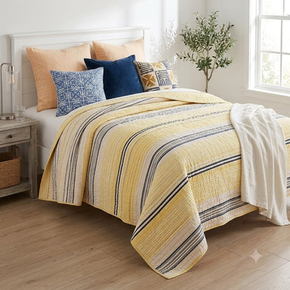 Nautica Galewood Yellow Blue Stripe quilted bedspread blanket King Cotton