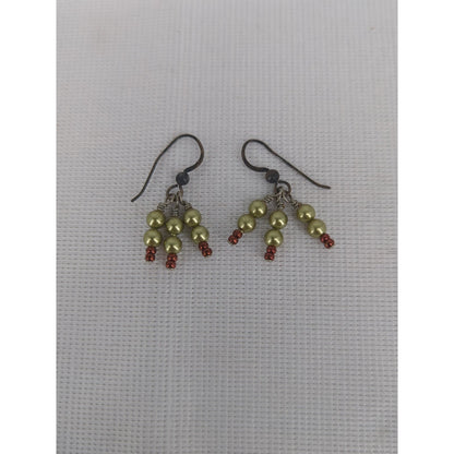 Vintage Petite Faux Pearl Cluster Gold Tone Red Beaded Cluster Dangle Earrings