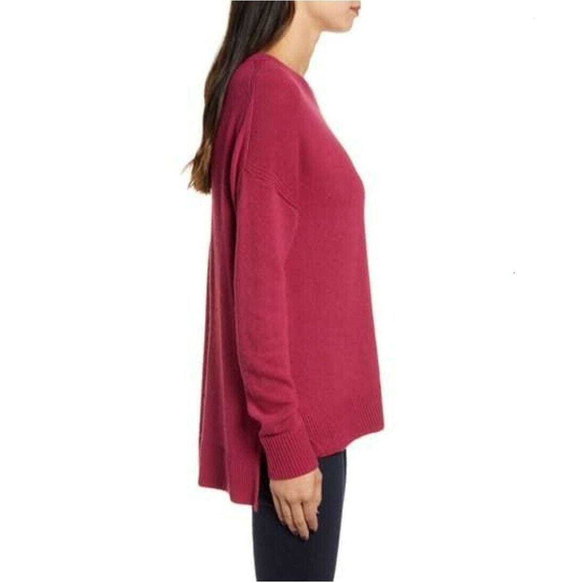 Chelsea28 Long Sleeve Pullover Knitted Sweater Crew Neck Split Hem Red small