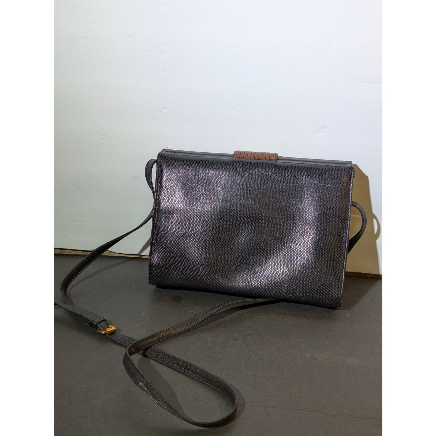 Vintage Bellini Navy Blue Leather Crossbody Bag Brown Accents Y2K Minimalist