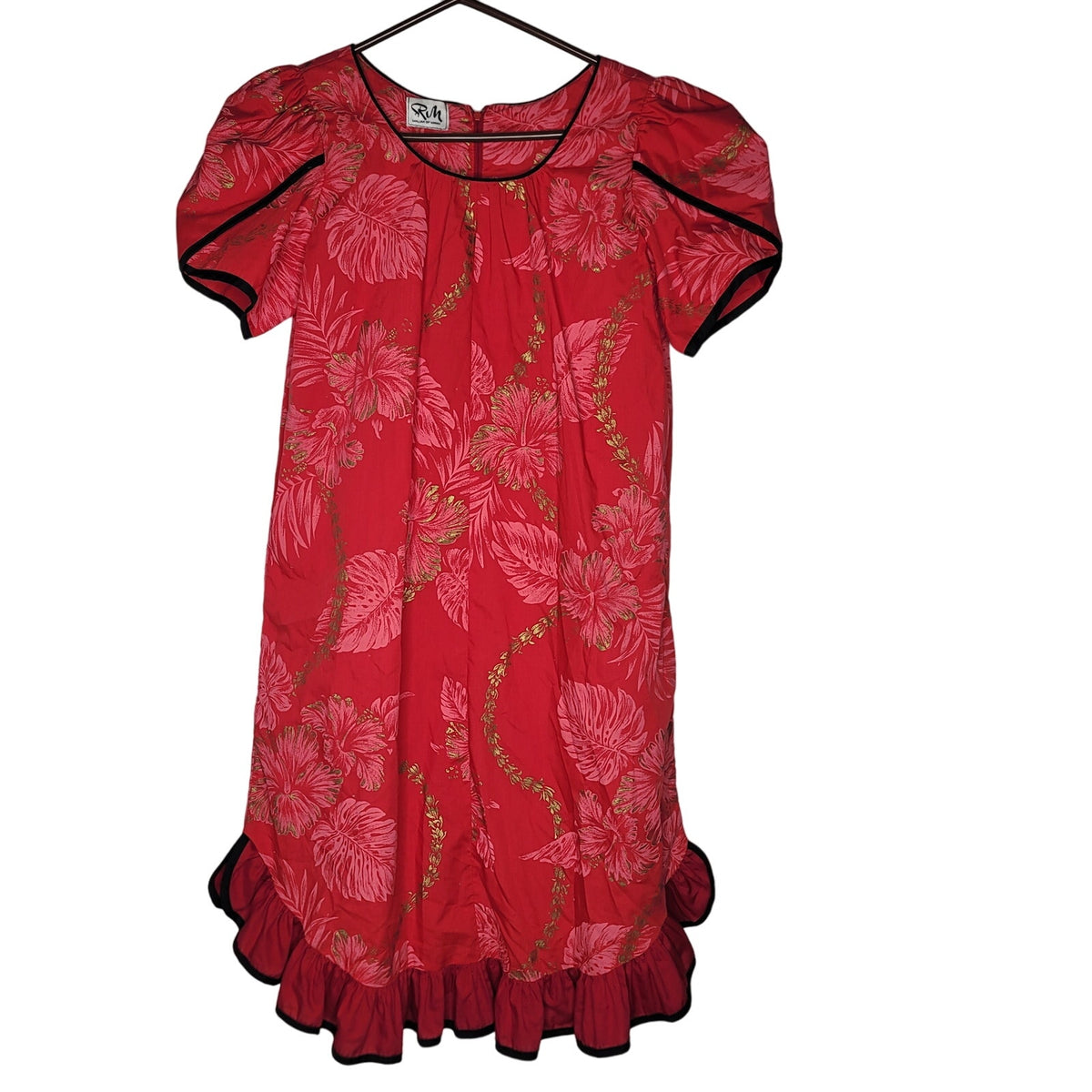 RM Red MALUMI Hawaiian ALOHA dress Medium Pocket Blue Trim Floral Knee Length