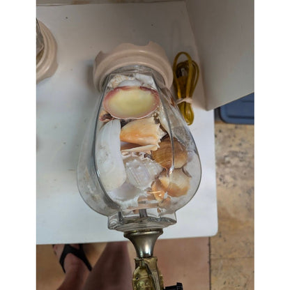 Pair Vintage Coastal Beach House Sea Shell Filled Glass Table Lamps Nautical