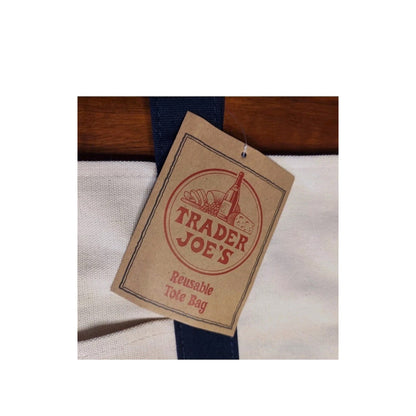 TRADER JOE'S TOTE BAG NAVY BLUE CANVAS STRAPS NEW 20" Iconic REUSABLE EMBROIDERY