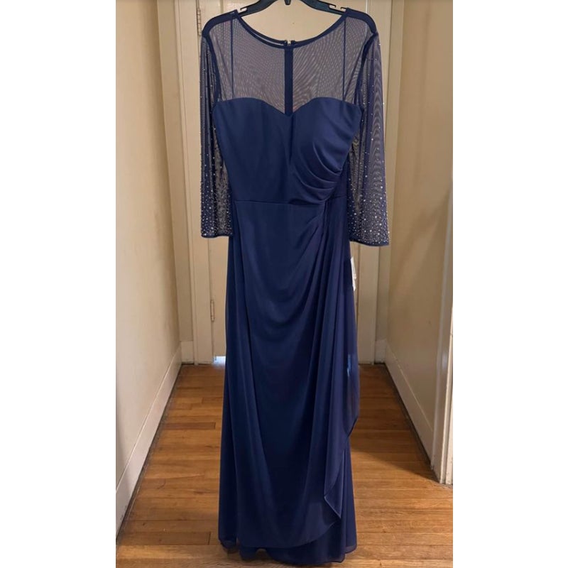 ALEX evenings Size 14W Wedgewood Blue Formal pearl sleeves 3/4 Sleeve NEW