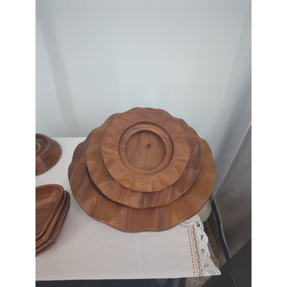 Vintage MCM Hand-Carved Wooden 3-Tiered Serving Stand with Water Buffalo Topper
