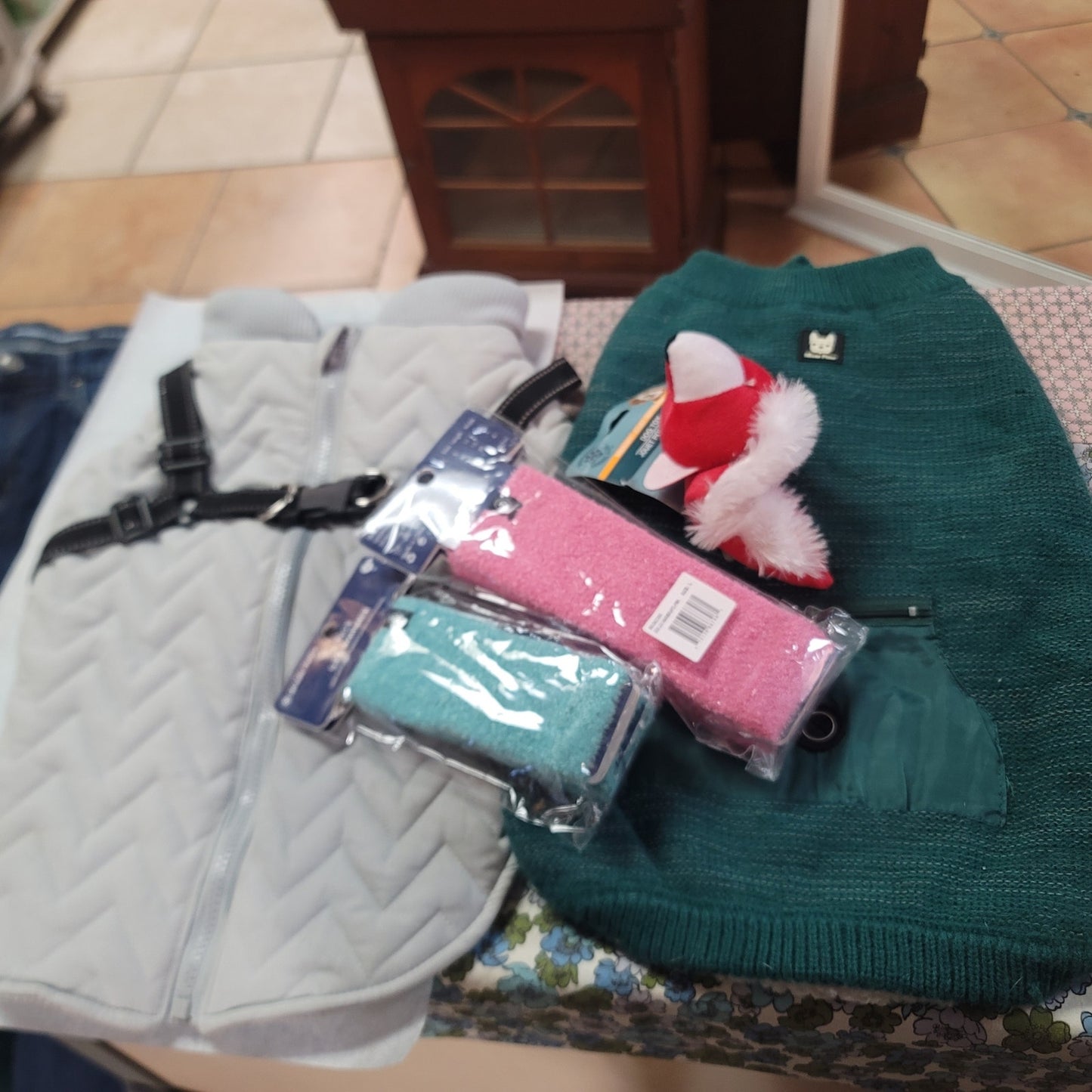 Lot of 2 dog outerwear winter coats, Pink Sweater, leg Warmers, and toy.