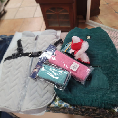 Lot of 2 dog outerwear winter coats, Pink Sweater, leg Warmers, and toy.