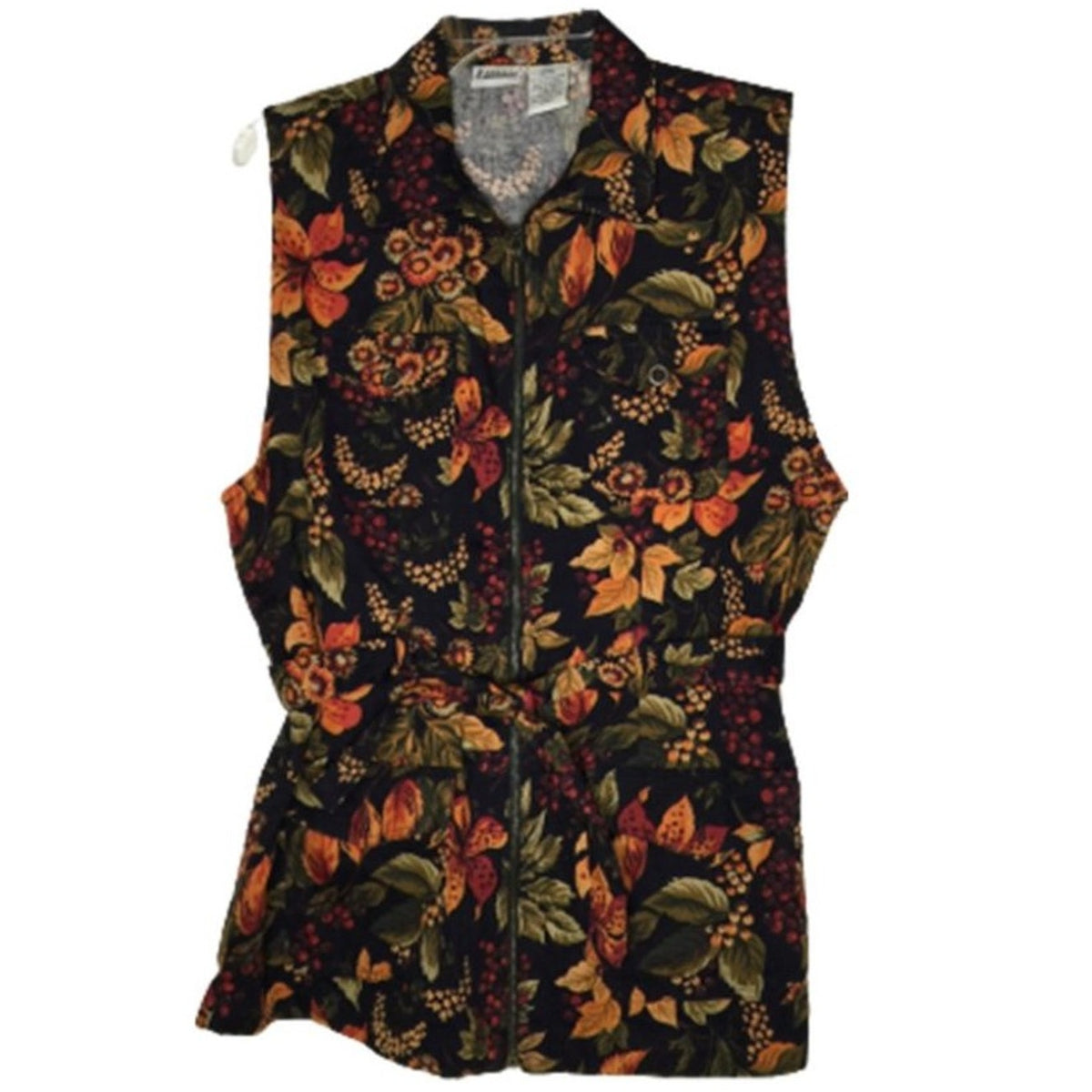 Capacity Full-Zip Vest Collared Sleeveless Floral Belted Funky Vintage Medium