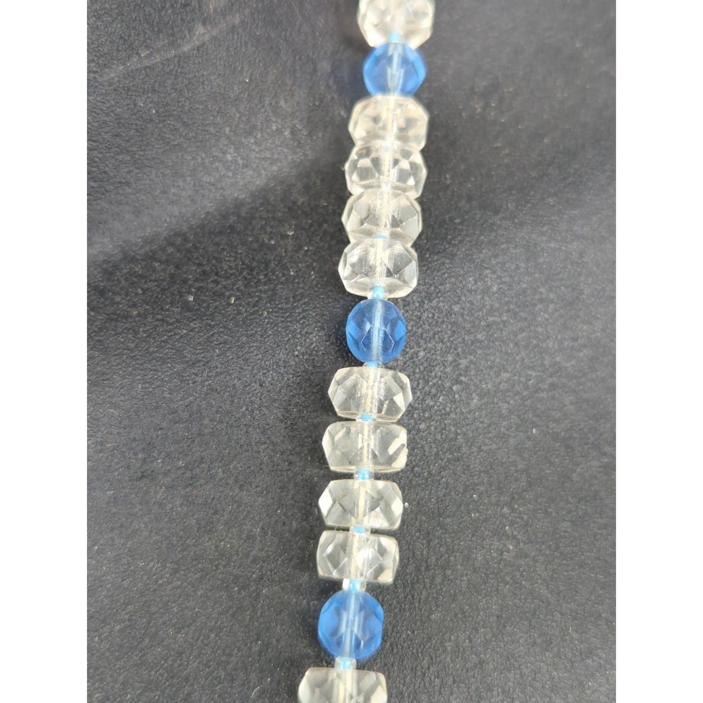 Vintage Blue & Clear Crystal Beaded Strand Necklace Drops Mid-Century Boho