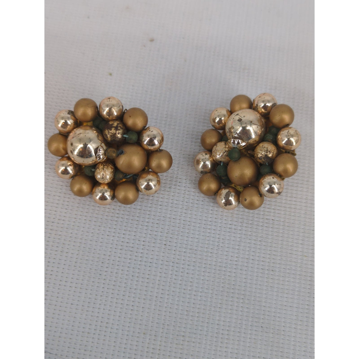 Vintage Mid Century Gold Tone Cluster Bead Clip On Earrings Japan Retro Charming