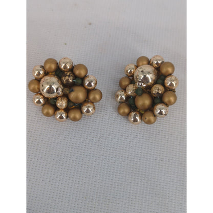 Vintage Mid Century Gold Tone Cluster Bead Clip On Earrings Japan Retro Charming