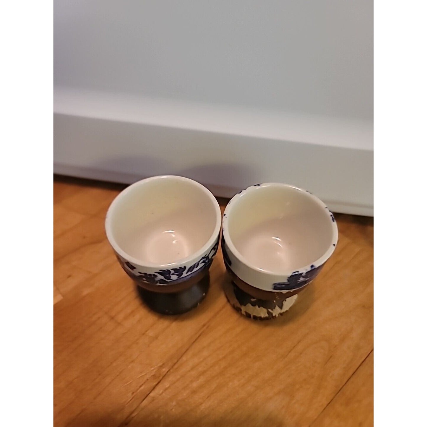 Two Vintage Wood And Porcelain Egg Cups Japan Table Ware Blue Willow ASIAN