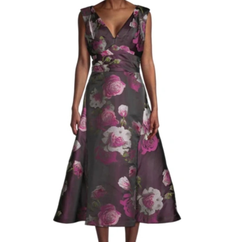 Kay Unger Size 4 Tea Length Midi Plum Floral Sleeveless Fit Flare cocktail DRESS