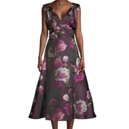 Kay Unger Size 4 Tea Length Midi Plum Floral Sleeveless Fit Flare cocktail DRESS