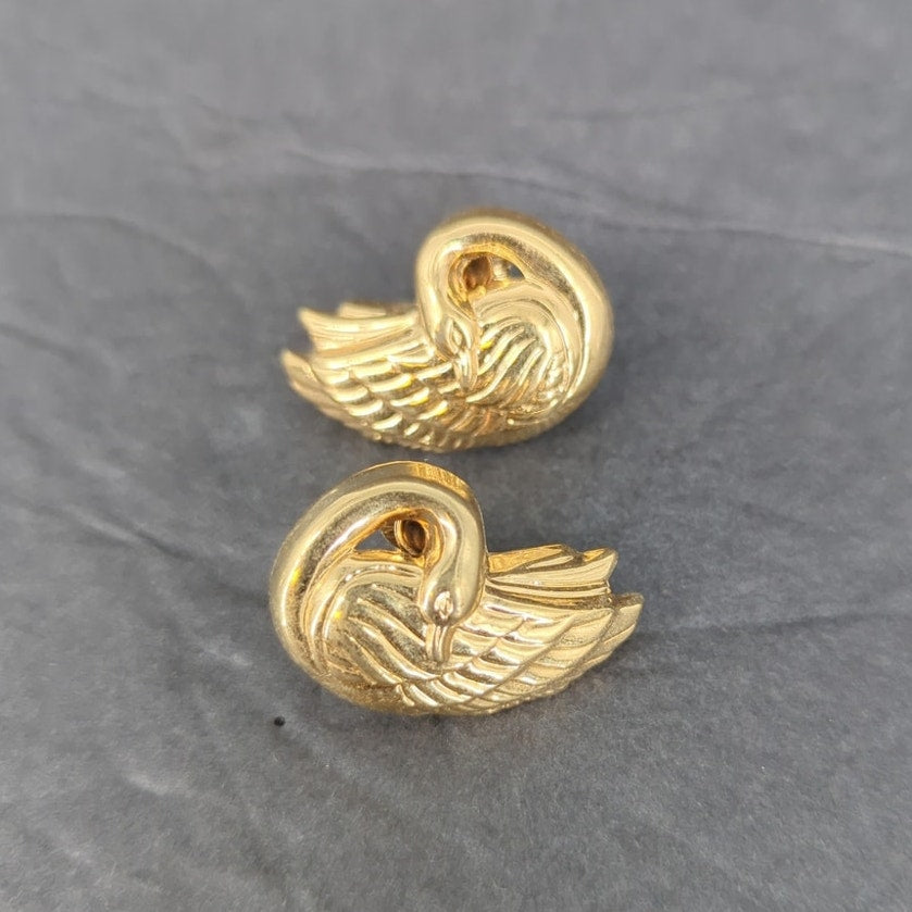 Vintage Gold Tone Swan Bird Motif Statement Clip On Earrings Mid Century Retro