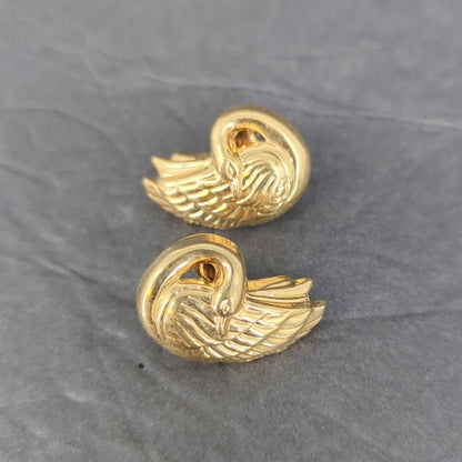 Vintage Gold Tone Swan Bird Motif Statement Clip On Earrings Mid Century Retro