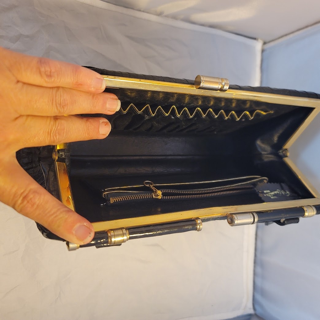Vintage Genuine Crocodile Skin Hide handbag purse Black gold hardware