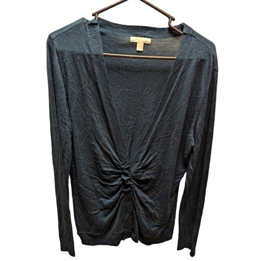 New York Company Size XL Twist Front Ruched Deep V-Neck Sweater Blue New