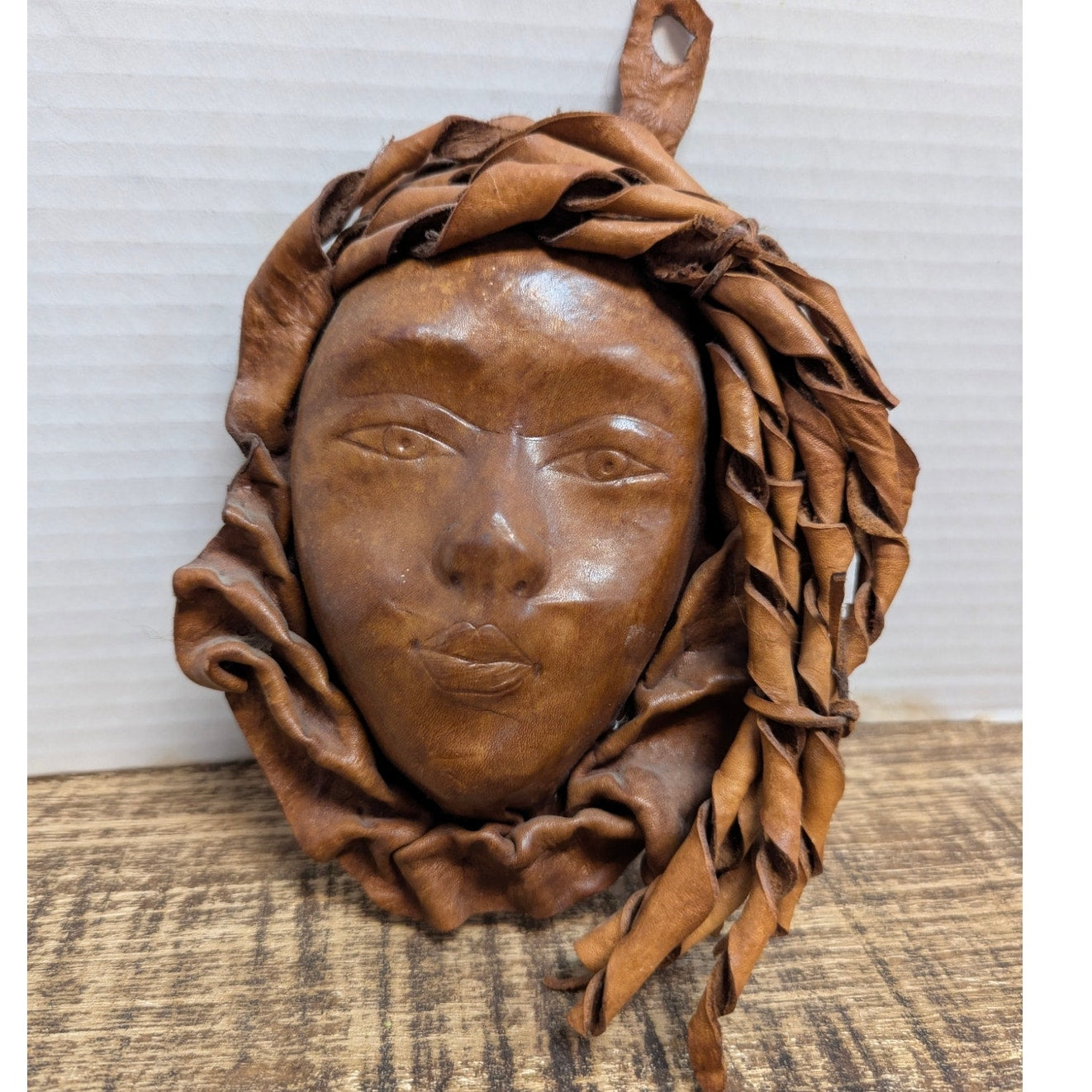 Vintage 80s Sculpted Leather Wall Mask MCM Brutalist Boho Art Handwoven Large 8"