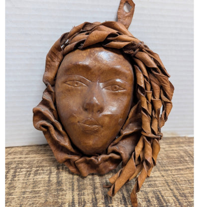 Vintage 80s Sculpted Leather Wall Mask MCM Brutalist Boho Art Handwoven Large 8"
