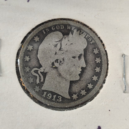 1913 Barber Silver Quarter - Scarce Low Mintage Vintage US Coin - Good Condition