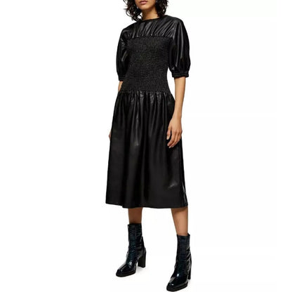 Topshop Smocked Faux Leather Puff Sleeve Midi Dress Black Size 10 NEW