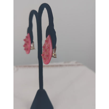 Vintage Pink Teardrop Clip-On Earrings Retro Studded Textured Pop Jewelry