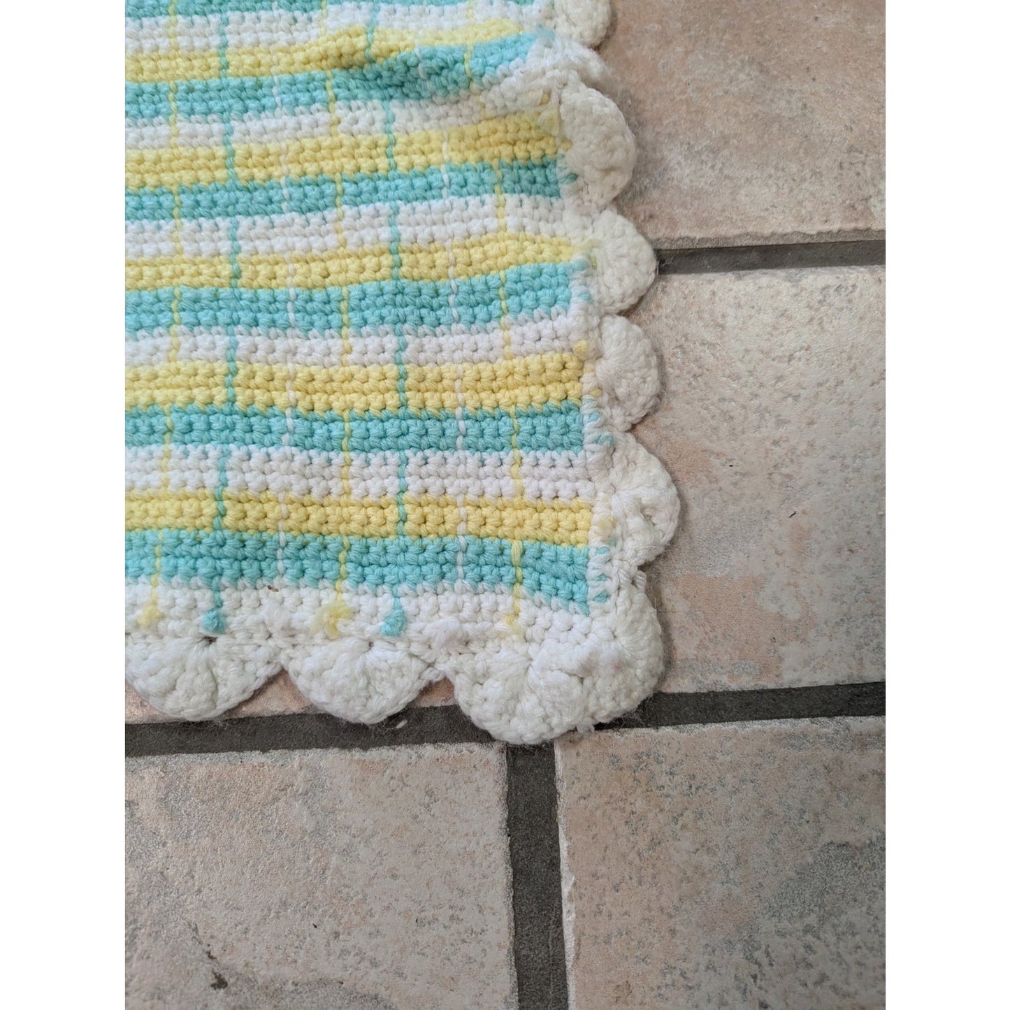 Vintage Hand-Crochet Pastel Plaid Baby Blanket with Scalloped Border