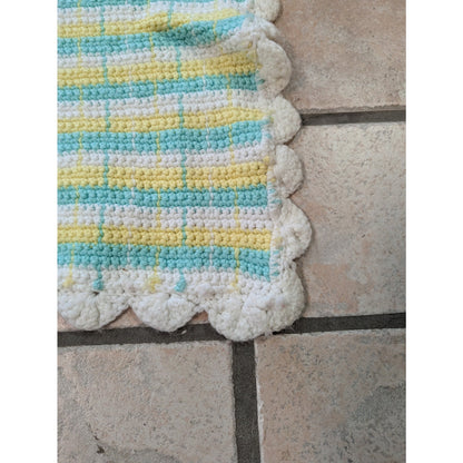 Vintage Hand-Crochet Pastel Plaid Baby Blanket with Scalloped Border